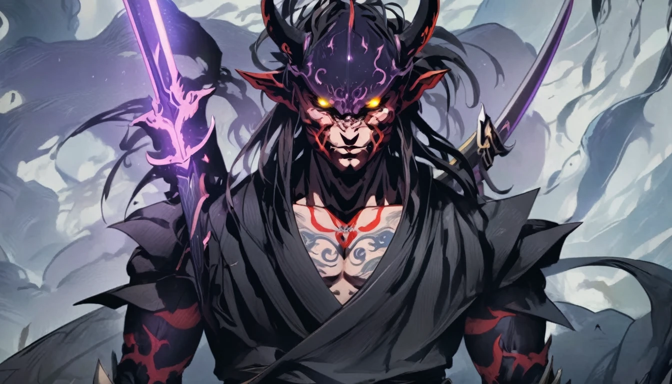 demon mask, sword on the hand,close up, black heavy detailed clothes, hand katana, art, dark and malevolent, hand sword, armor, powerful and intimidating, (masterpiece, best quality, ultra-detailed, best shadow), (detailed background, dark fantasy) dramatic light, intricate details, dark and malevolent, powerful and intimidating, Dark and foreboding, malevolent force, sinister and chilling, armor, high detailed background, girl in demon slayer art, demon slayer art style, epic anime art, God death