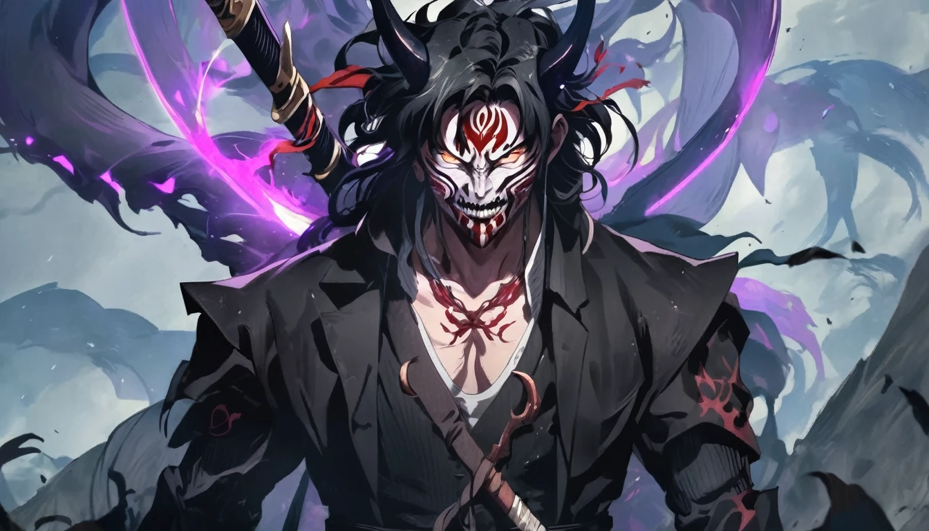 demon mask, sword on the hand,close up, black heavy detailed clothes, hand katana, art, dark and malevolent, hand sword, armor, powerful and intimidating, (masterpiece, best quality, ultra-detailed, best shadow), (detailed background, dark fantasy) dramatic light, intricate details, dark and malevolent, powerful and intimidating, Dark and foreboding, malevolent force, sinister and chilling, armor, high detailed background, girl in demon slayer art, demon slayer art style, epic anime art, God death