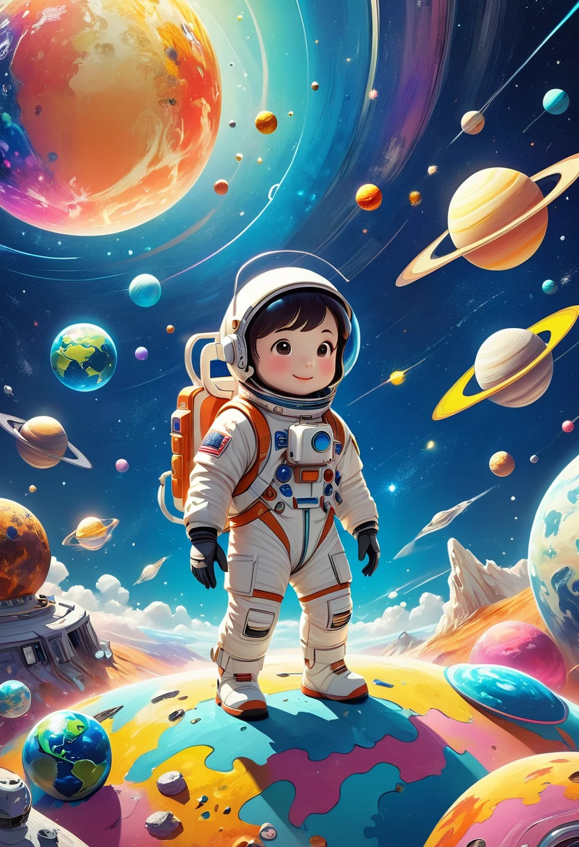 A 3d illustration of things such as a universe, astronaut, spaceship,planet, in the style of lively illustrations, childlike figures, hallyu, ad posters, use of bright colors, earthworks, soft color fields light-filled scenes