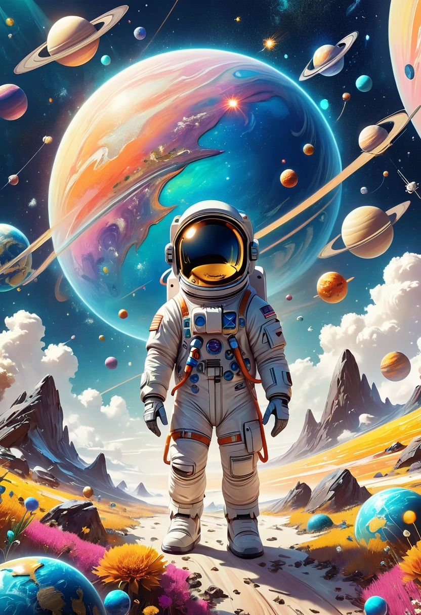 A 3d illustration of things such as a universe, astronaut, spaceship,planet, in the style of lively illustrations, childlike figures, hallyu, ad posters, use of bright colors, earthworks, soft color fields light-filled scenes
