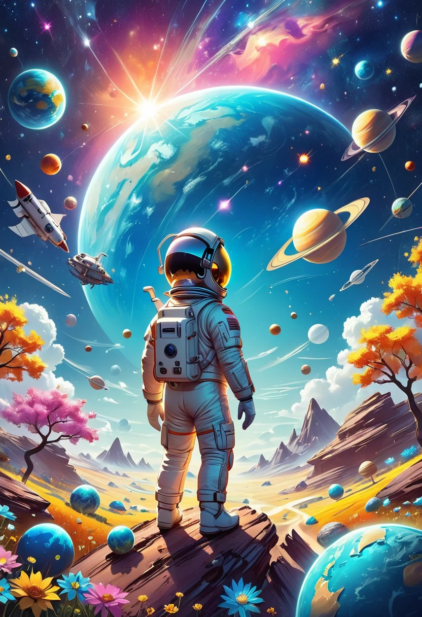 A 3d illustration of things such as a universe, astronaut, spaceship,planet, in the style of lively illustrations, childlike figures, hallyu, ad posters, use of bright colors, earthworks, soft color fields light-filled scenes