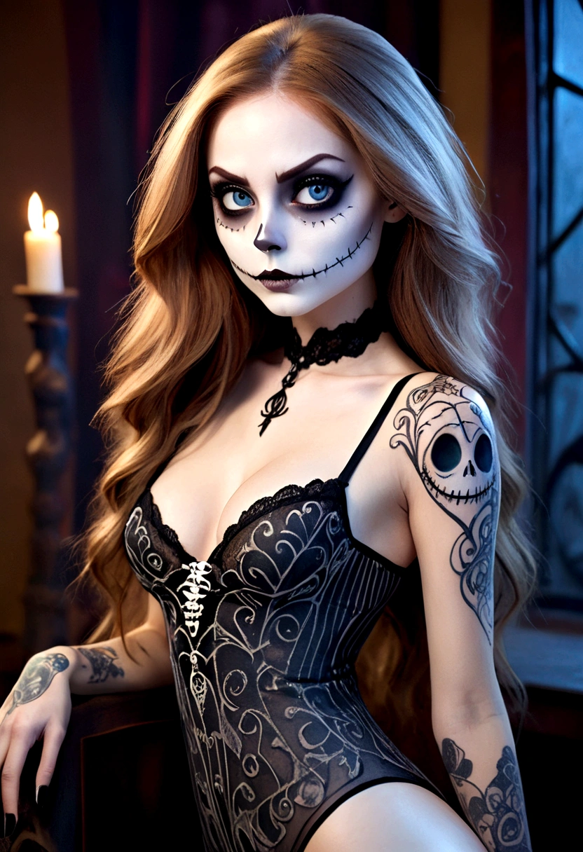 Create a hyper detailed photograph of a jack Skellington tattoos young stunning gorgeous sexy sally Skellington, Stunningly perfect gorgeous face, perfect makeup, detailed vibrant eyes, long hair,detailed perfect beautiful legs, detailed perfect beautiful arms, realistic torso, detailed pale white silky smooth skin, detaile perky breast, perfect round ass, transparent strappy lace lingerie, back to viewer looking forward,