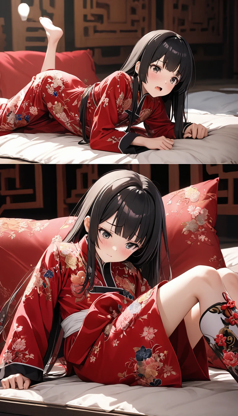 Beautiful  Chinese Kung Fu girl princess with short black hair　Gorgeous embroidery, Ultra glossy, She is wearing shiny red long sleeve floral pajamas....　She is made to lie on a red enamel futon, with the futon over her upper body, her legs spread and her vagina examined.