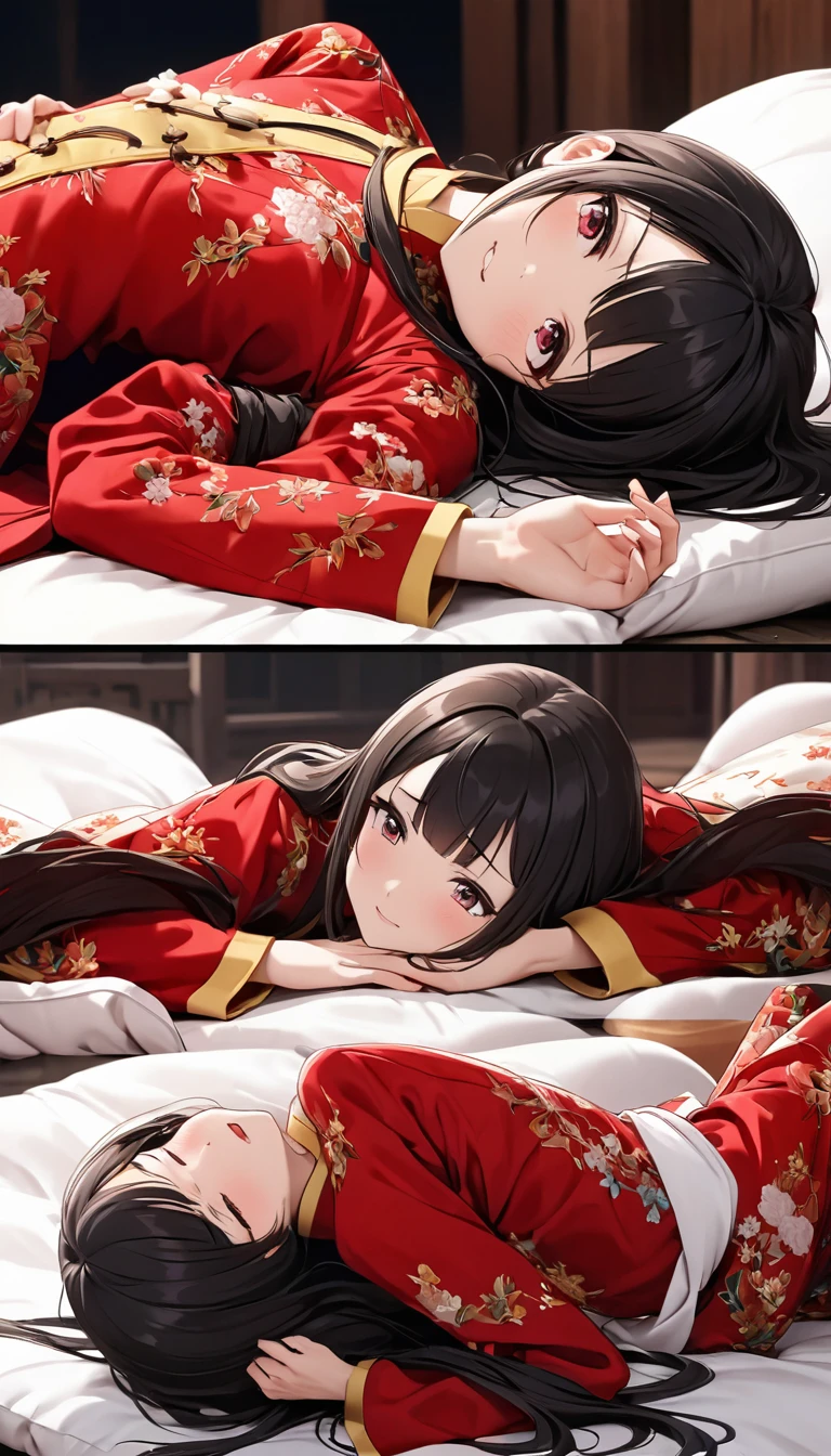 A tragic historical drama in 8k live-action style: Beautiful palace secrets　Beautiful 10 year old Chinese Kung Fu girl with long black hair has very rough unwanted sex with old man emperor　Gorgeous embroidery, Ultra glossy, She is wearing a shiny red top and bottom long sleeve floral pajama kung fu suit....　　She was laid down on a floral futon、When the penis is inserted, she cries and resists.。.　She spreads her legs wide and squirts natto from her anus