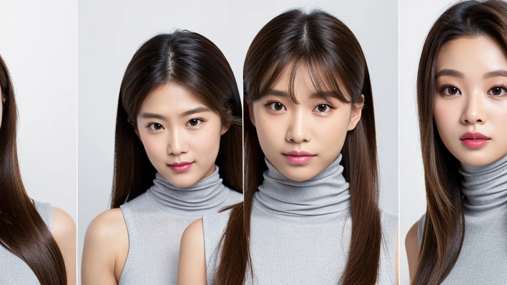 ((Silver Accessories)),(Detailed face),vivid,chest,cute,Sleeveless and(turtleneck)Silver clothes,4K,Ultra-high resolution,(Photorealistic:1.7),White background,Long Hair,