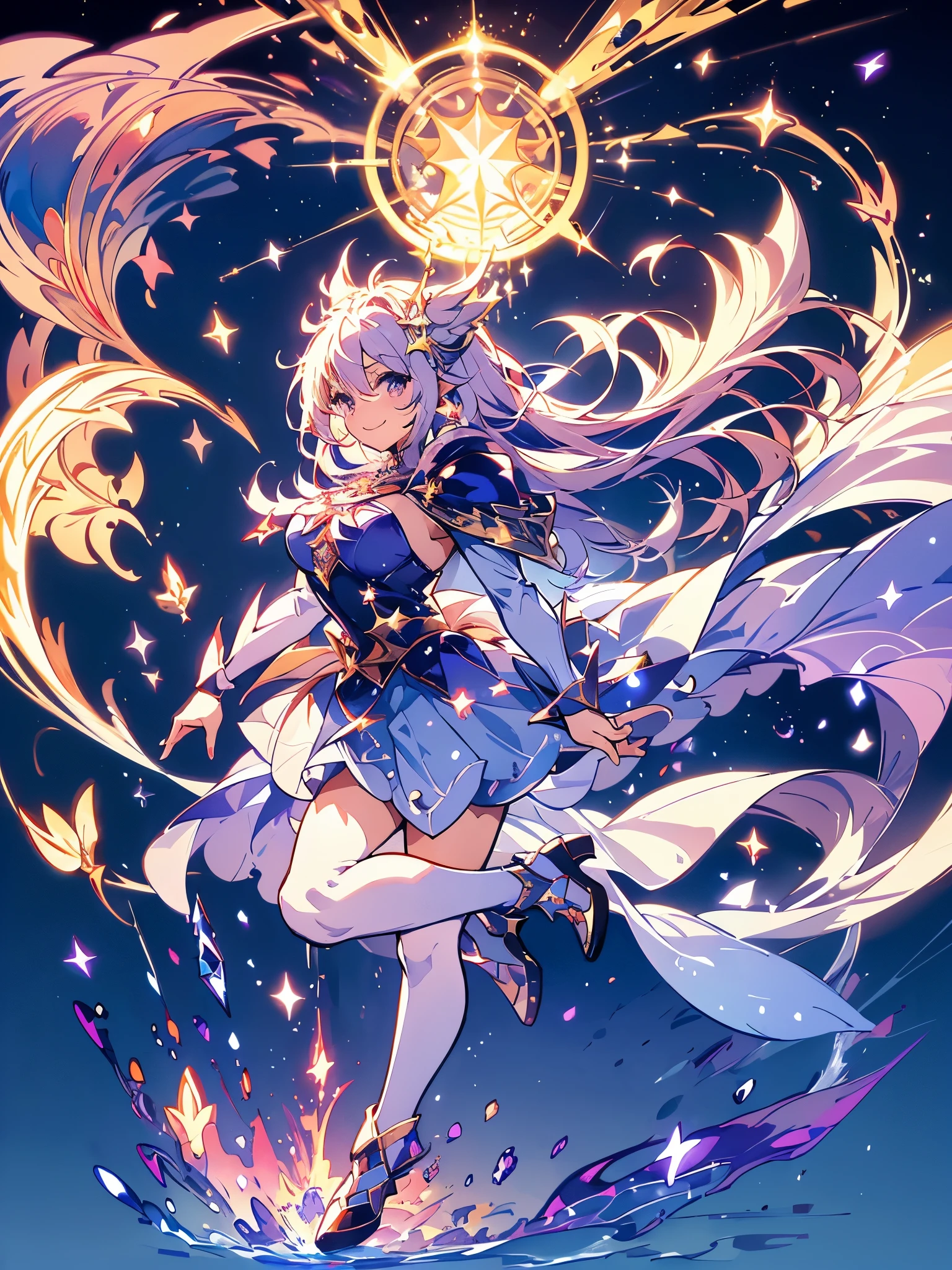 chibi, magician, Lumiere, brilliant smile, fly, Lancer, fully body, (((gigantic cape moving with the character floating from the ground)))