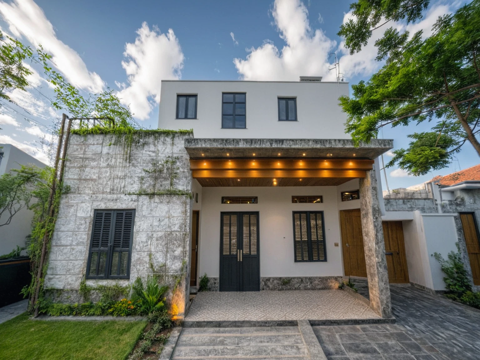Masterpiece, high quality, best quality, authentic, super detail, outdoors, onestoreyvillaXL, aiaigroup, house style modern on the street ,stairs, white wall ,road,pavement, grass, trees, sky, cloud, (daylight:1.1)
