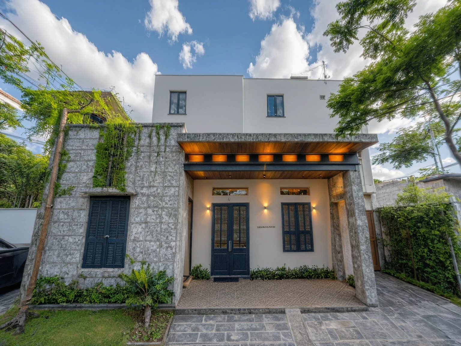 Masterpiece, high quality, best quality, authentic, super detail, outdoors, onestoreyvillaXL, aiaigroup, house style modern on the street ,stairs, white wall ,road,pavement, grass, trees, sky, cloud, (daylight:1.1)