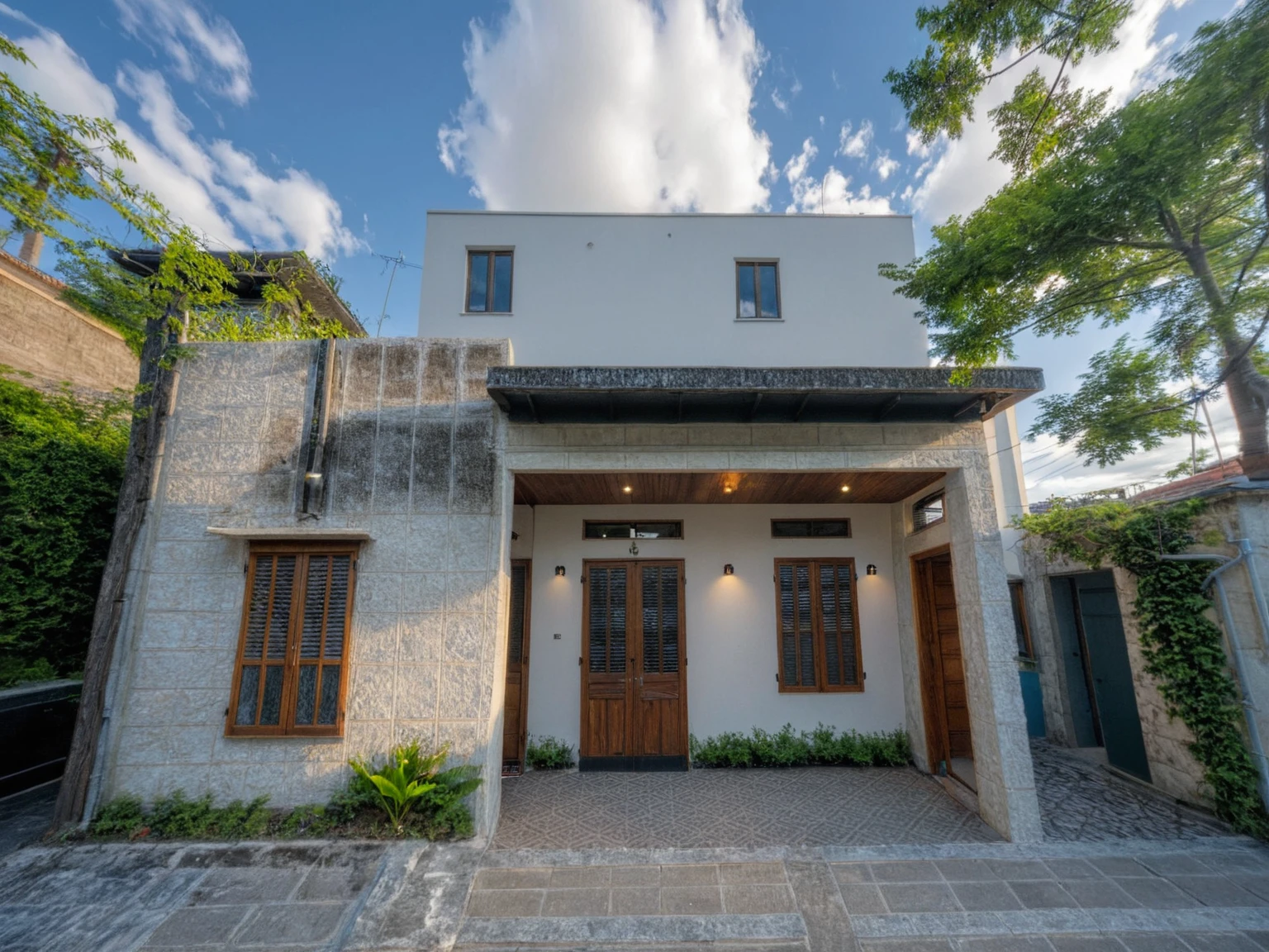 Masterpiece, high quality, best quality, authentic, super detail, outdoors, onestoreyvillaXL, aiaigroup, house style modern on the street ,stairs, white wall ,road,pavement, grass, trees, sky, cloud, (daylight:1.1)