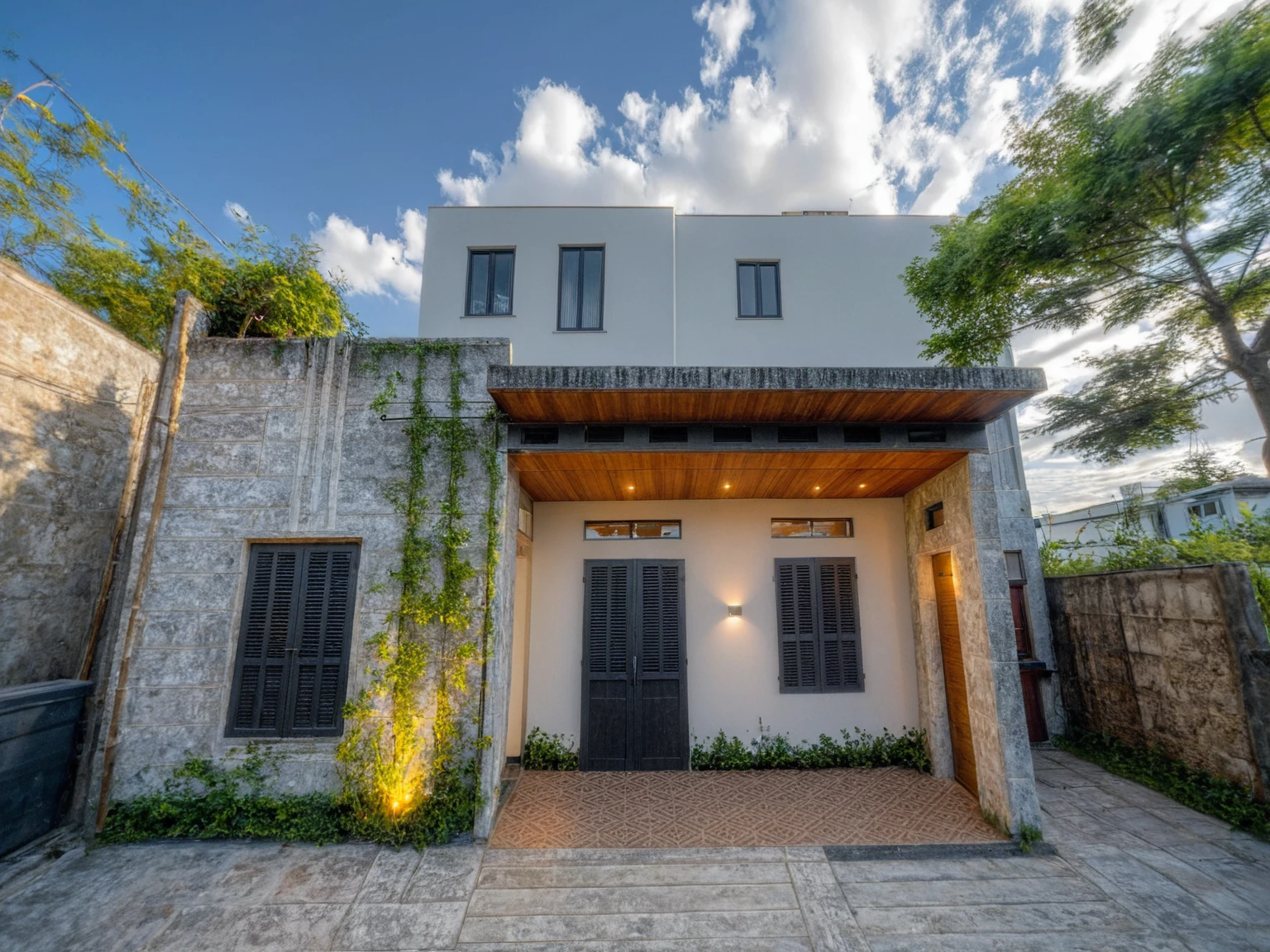 Masterpiece, high quality, best quality, authentic, super detail, outdoors, onestoreyvillaXL, aiaigroup, house style modern on the street ,stairs, white wall ,road,pavement, grass, trees, sky, cloud, (daylight:1.1)
