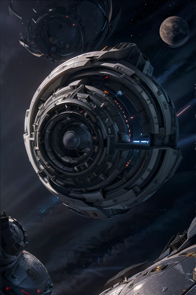 an artificial moon 1000 kilometers in diameter made up of rectangles in a grid on the outer surface that look like tower buildings gun turrets and many antenna jutting out in all directions, masterpiece, best, photo realistic space scene, epic battle moon in deep space, spherical orbital fortress