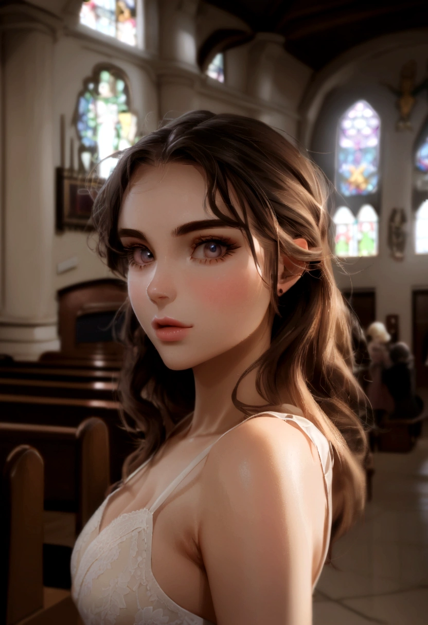 Side profile, arched back, Low camera angle, 3/4 shot, narrow waist, wide hips, slim body, sunlight streaming, She is flirty, she is happy, slight smirk, 3/4 shot, nude body, perfect face, perfect eyes, small perky breasts, narrow waist, wide hips, Masterpiece , Ultra Realism , very detailed , a ,the upper part of the body,(no clothing) slight pubic hair, very perky breasts, looking at the viewer, layered hair, location is an Italian cathedral with stained glass windows, arches, marble, painted ceiling, dynamic lighting, atmospheric lighting,