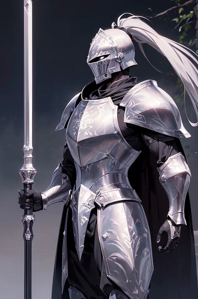 (masterpiece; best quality: 1.2), ((full armored knight man)), ((solo)), (black eyes: 1.4), (body; toned, lean, masculine: 1.3), (beautiful and clear background: 1.2), ((depth of field)), (equipment: full plate all-dark black-damascus realistic armor + closed helmet with ponytail + black cape: 1.3), (anime illustration: 1.2), (background composition; garden exterior + furniture: 1.1), (extremely fine and handsome: 1.1), (shot composition; standing + centered on torso + close-up: 1.5)
