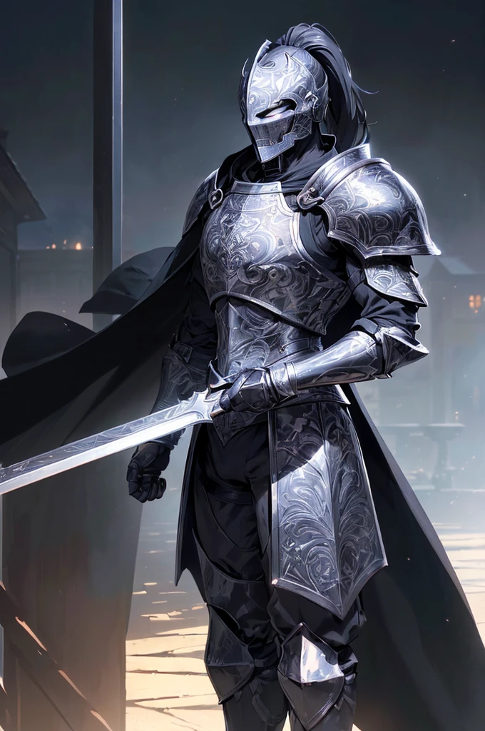 (masterpiece; best quality: 1.2), ((full armored knight man)), ((solo)), (black eyes: 1.4), (body; toned, lean, masculine: 1.3), (beautiful and clear background: 1.2), ((depth of field)), (equipment: full plate all-dark black-damascus realistic armor + closed helmet with ponytail + black cape: 1.3), (anime illustration: 1.2), (background composition; garden exterior + furniture: 1.1), (extremely fine and handsome: 1.1), (shot composition; standing + centered on torso + close-up: 1.5)