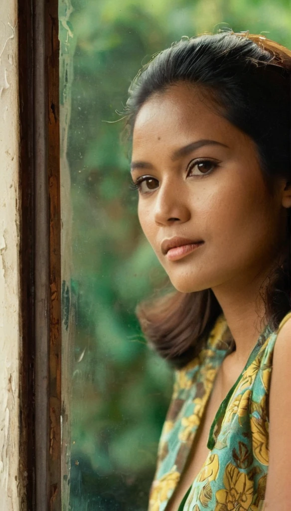 A shot taken from (((outside the window))) of a beautiful Indonesian woman in the 1970s, with her hair and clothing from the 1970s, the girl is sitting on her bed, looking out through the window, the glass of the window is somewhat tarnished and dirty at the edges, the woman is looking straight at the camera with a lost look and a slight smile, (((the shot was taken from the outside of the window))), full color with a cinematographic lighting, high definition professional photography style ,photorealistic