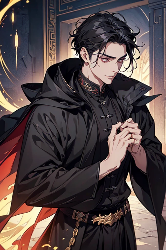 Close-up of a person in a black cloak and black hair., Whole Xianxia, beautiful male angel of death, Vampire Fashion, Wearing a noble black suit, Detailed anime character art, Male vampire of the Banu tribe, Hakim., Long black robe and full black body., With his short black hair, curly hair, Bisexual Vampire, Face profile of a 20 year old man, ultra realistic anime, golden eyes no emotions, intj, wise, gold, golden, รอยsmile, smile