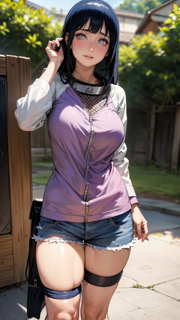 Masterpiece, highres, high Quality, detailed face, detailed body render, 1girl, solo, hyuuga hinata, hinata-sleeveless-outfit, large breasts, big breast, sleeveless shirt, fishnet top, dark lips, unzipped jacket, no bra, breasts out, nipple, standing, blushes, (on bedroom), (Thick thighs:1.3) ((PAWG BODY:1.2)) (CLEAVAGE:1.2)