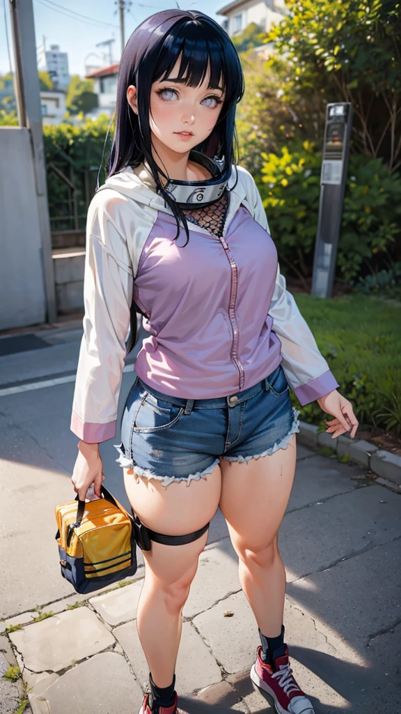 (hyuga Hinata, very sensual, with funk girl clothes, Brazilian, Rio de Janeiro, dancing funk, rolling, big-ass, legs thick, wearing short denim shorts, wearing a mini blouse, umbigo com pirsing, sneakers Nike, big hair, Speaker behind, very realistic, extremely sexy, 8K, 8K extremamente detalhado), (an extremely delicate and beautiful), (Masterpiece artwork), (best qualityer: 1.0), (ultra highres:1.0)