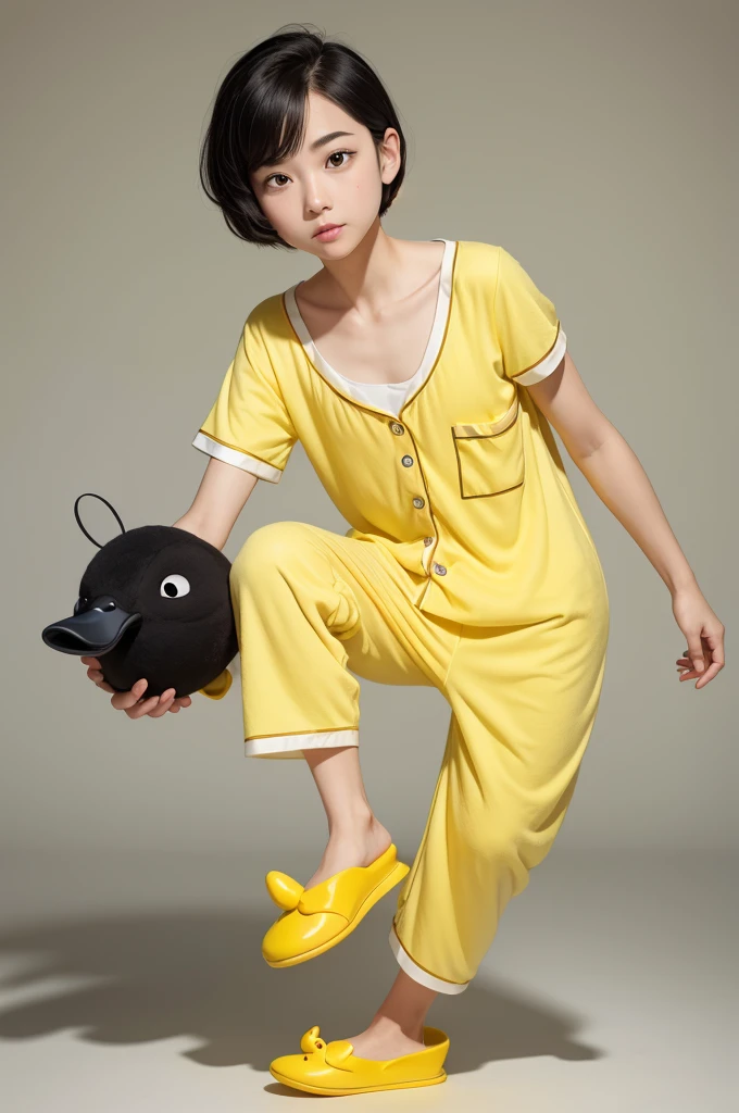 A fun Disney and Pixar style character.Their skin color is white,wears yellow duckling pajamas,a black slipper,white short straight hair,calm face