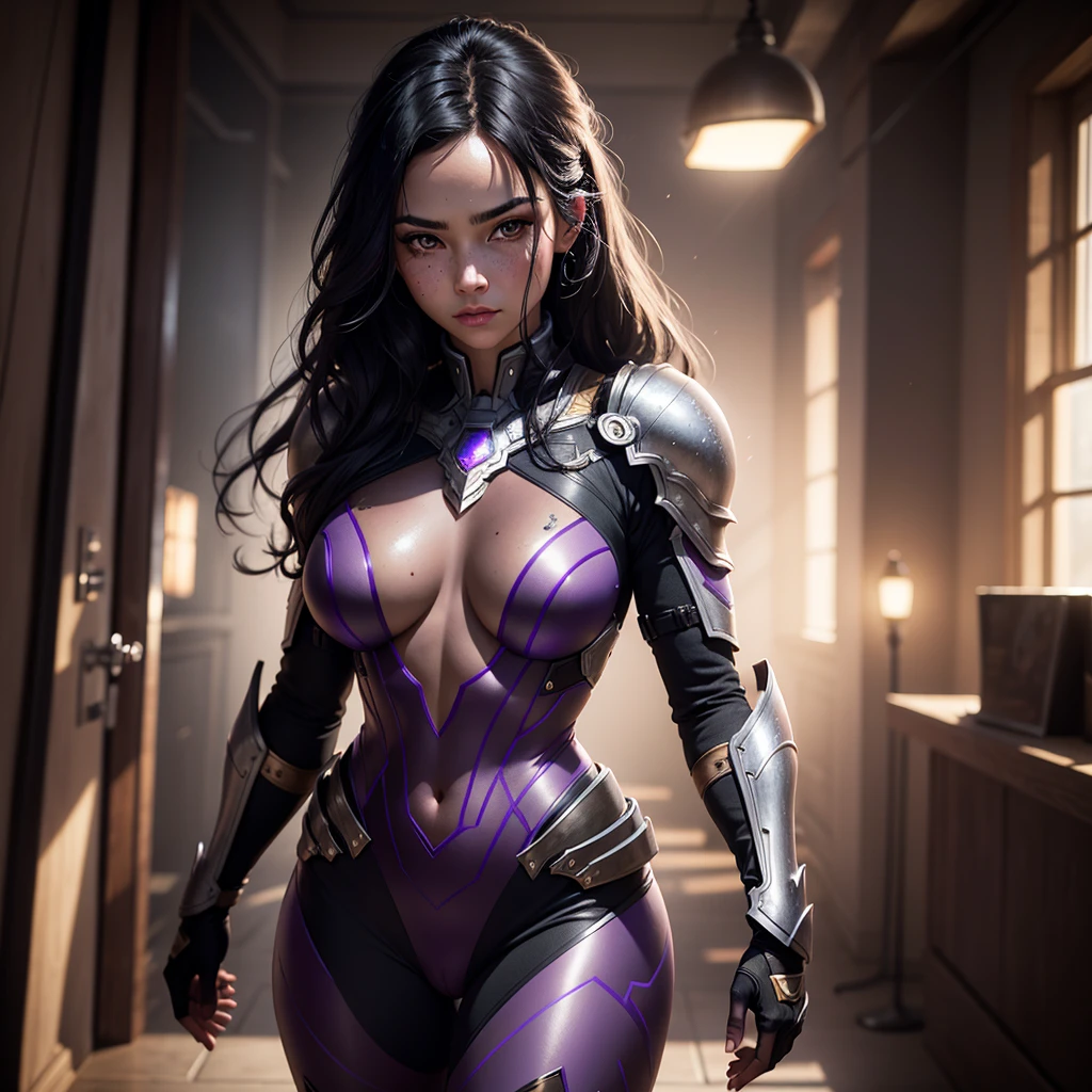 a woman with wavy black hair and purple eyes, black alien armor, freckles, blush, eyeshadow, beautiful face, dramatic lighting, cinematic composition, epic fantasy, high detail, (best quality,4k,8k,highres,masterpiece:1.2),ultra-detailed,(realistic,photorealistic,photo-realistic:1.37),HDR,UHD,studio lighting,ultra-fine painting,sharp focus,physically-based rendering,extreme detail description,professional,vivid colors,bokeh. Sensual.