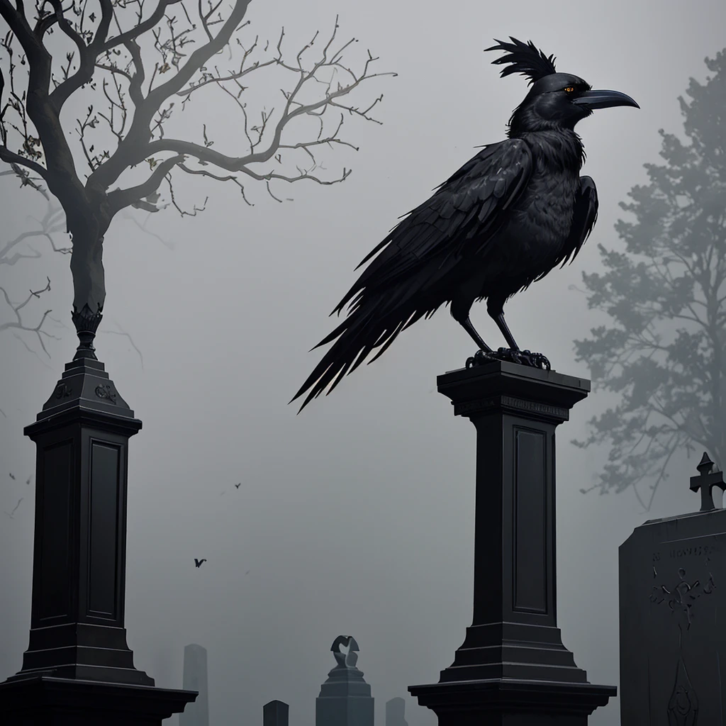 A black crow, with gold details, a spooky cemetery in the background and a light fog.