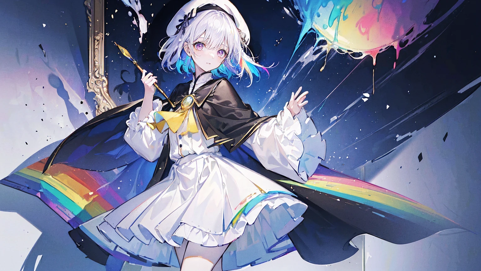 (Super detailed)),((illustration)),((masterpiece)),(((need))),((fine、Highest quality CG Unity 8K wallpapers,masterpiece),((4K,masterpiece,best quality)),rainbow发的大概16岁的少女,flat chest,short hair,Gold and silver eyes,Golden Apprentice Uniform,Black short cape,Berets,Black shoes,Paint flowing under your feet,White Silk,Take the color palette,White short skirt covered with paint,Monocle,The walls are covered with portraits,身边有rainbow,phantom,Exhaustion,Overworked,Look in the mirror,The mirror reflects me in different clothes,Standing in a white room,Paint condensed in the air,rainbow,individual,Full body picture