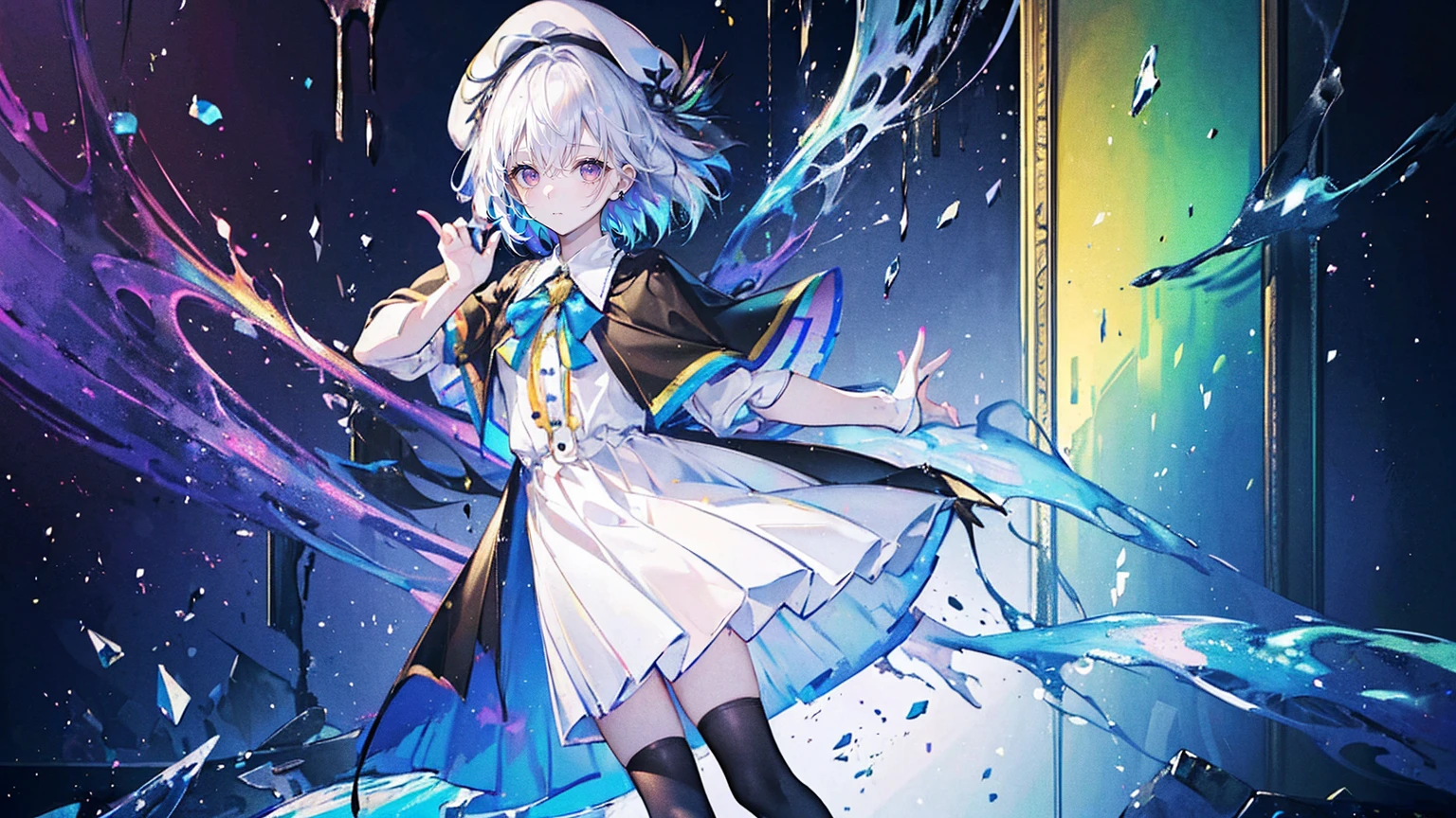 (Super detailed)),((illustration)),((masterpiece)),(((need))),((fine、Highest quality CG Unity 8K wallpapers,masterpiece),((4K,masterpiece,best quality)),rainbow发的大概16岁的少女,flat chest,short hair,Gold and silver eyes,Golden Apprentice Uniform,Black short cape,Berets,Black shoes,Paint flowing under your feet,White Silk,Paint-stained white dress,Monocle,The walls are covered with self-portraits,身边有rainbow,phantom,Exhaustion,Overworked,There is a huge drawing board in front of me.,In a white room,Paint condensed in the air,rainbow,individual,Full body picture