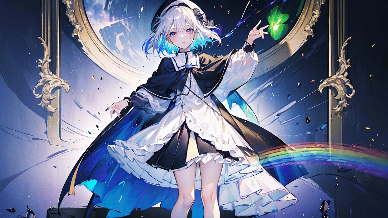 (Super detailed)),((illustration)),((masterpiece)),(((need))),((fine、Highest quality CG Unity 8K wallpapers,masterpiece),((4K,masterpiece,best quality)),rainbow发的大概16岁的少女,flat chest,short hair,Gold and silver eyes,Golden Apprentice Uniform,Black short cape,Berets,Black shoes,Paint flowing under your feet,White Silk,Take the color palette,White short skirt covered with paint,Monocle,The walls are covered with portraits,身边有rainbow,phantom,Exhaustion,Overworked,Look in the mirror,The mirror reflects me in different clothes,Standing in a white room,Paint condensed in the air,rainbow,individual,Full body picture