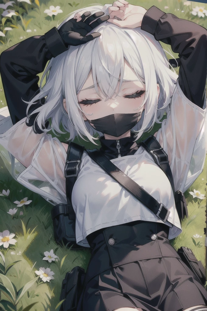 ((high quality)), ((masterpiece)), 8k, slim sleepy army girl, white hair, half black balaclava mask, black berret, white cropped shirt, wet clothes, mini skirt, bulletproof vest, lying down on the ground, grassy land, arms up, 1arm stretched up, closed eyes, ahegao mouth, ((sleepy facial expression)), ((blank stare)), ((head facing right side)), 