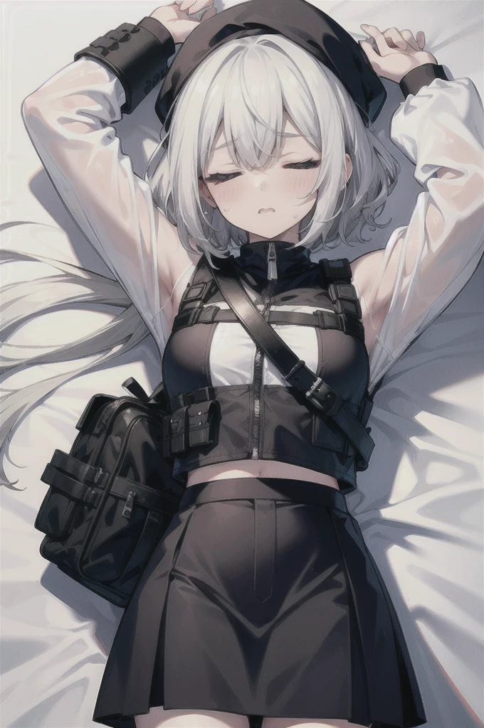 ((high quality)), ((masterpiece)), 8k, slim sleepy army girl, white hair, half black balaclava mask, black berret, white cropped shirt, wet clothes, mini skirt, bulletproof vest, lying down on the ground, grassy land, arms up, 1arm stretched up, closed eyes, ahegao mouth, ((sleepy facial expression)), ((blank stare)), ((head facing right side)), 