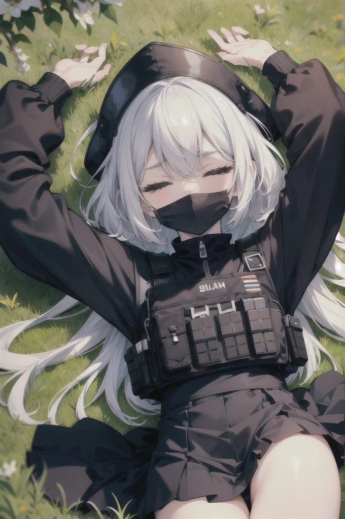 ((high quality)), ((masterpiece)), 8k, slim sleepy army girl, white hair, half black balaclava mask, black berret, white cropped shirt, wet clothes, mini skirt, bulletproof vest, lying down on the ground, grassy land, arms up, 1arm stretched up, closed eyes, ahegao mouth, ((sleepy facial expression)), ((blank stare)), ((head facing right side)),