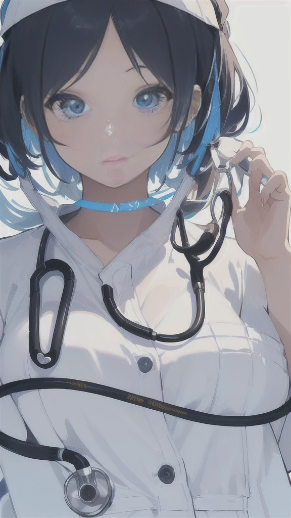 a stethoscope with a blue cord and a white background, stethoscope, stethoscope!, with a stethoscope, hd illustration, simple stylized, created in adobe illustrator, visible neck, medical drawing, outlined, nursing, short neck, detailed illustration, digitally colored, cel shading vector, medical diagram, surgeon, linear illustration