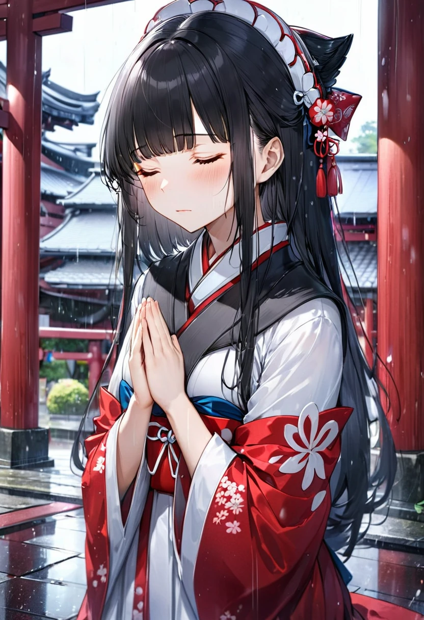 (Memorial ,style) (Pressing palms together in prayer) (in a Mourning Shrine Maiden Costume), break, (solo:2 15 yo, blunt bangs:1.2 black hair long hair shrine maiden girl, sad closed eyes, tears of eyes), (praying to Grandmother), in the Dazaifu Tenmangu Shrine Memorial Tower, background rainy sky, BREAK, perfect anatomy, masterpiece, best quality, 16k, beautiful detailed rainy, daydreaming expression.