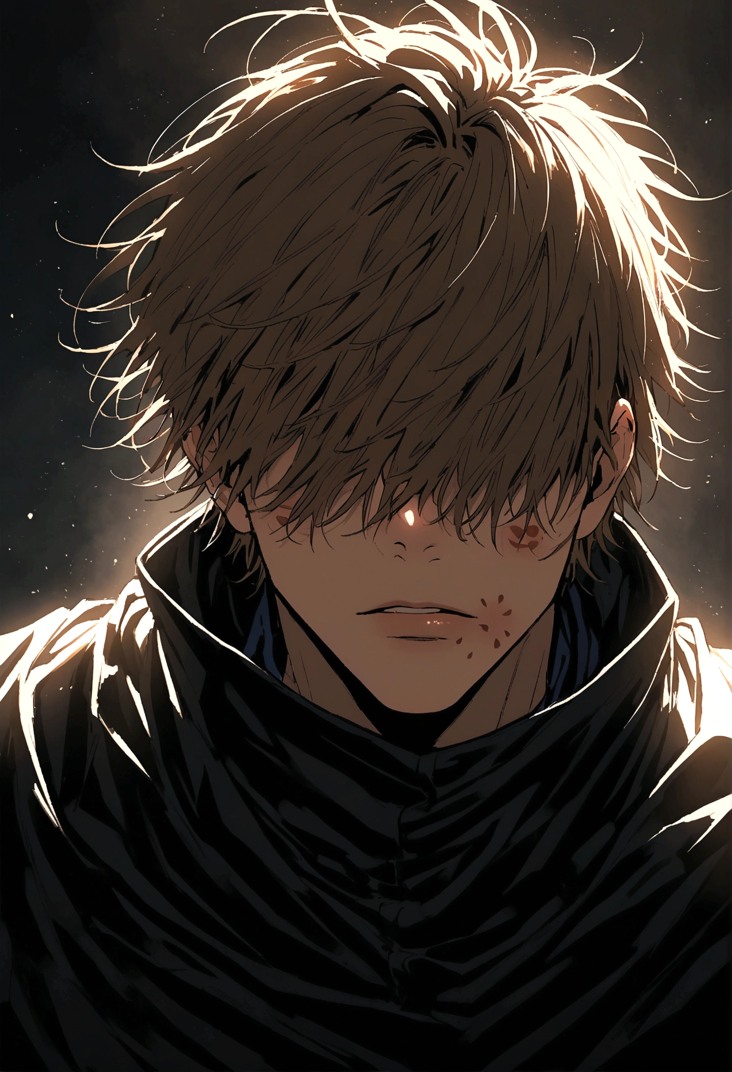 Jujutsu Kaisen, male with shaggy brown hair and bangs that covers eyes, beauty mark under mouth