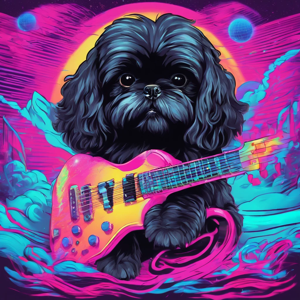 Adorable small black Shih Tzu puppy playing guitar