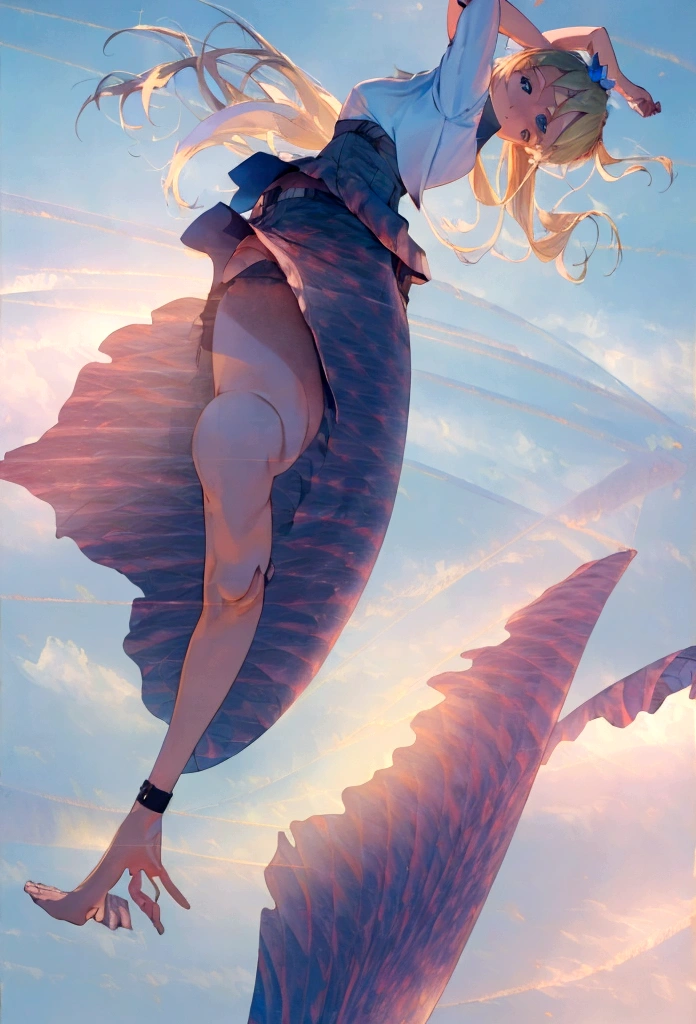 (8K, Raw photo, Realistic, Photorealsitic:1.5), masutepiece, Best Quality, High resolution, Extremely detailed, Detailed background, Cinematic lighting, Dynamic Angle, Lens Flare, Dramatic, 1girl in, Cute Girl, Solo, pale blond hair, Blue eyes, very long twintails, White hat, Blue sky, Laugh, flying petal, flower field, skyporn, lavender, Sun, field, Fractal Art,Naked, The Perfect Five Fingers、perfect leg, (girl is shortening skirt, girl is rolling up waistband of skirt:1.5)