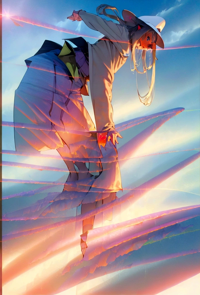 (8K, Raw photo, Realistic, Photorealsitic:1.5), masutepiece, Best Quality, High resolution, Extremely detailed, Detailed background, Cinematic lighting, Dynamic Angle, Lens Flare, Dramatic, 1girl in, Cute Girl, Solo, pale blond hair, Blue eyes, very long twintails, White hat, Blue sky, Laugh, flying petal, flower field, skyporn, lavender, Sun, field, Fractal Art,Naked, The Perfect Five Fingers、perfect leg, (girl is shortening skirt, girl is rolling up waistband of skirt:1.5)