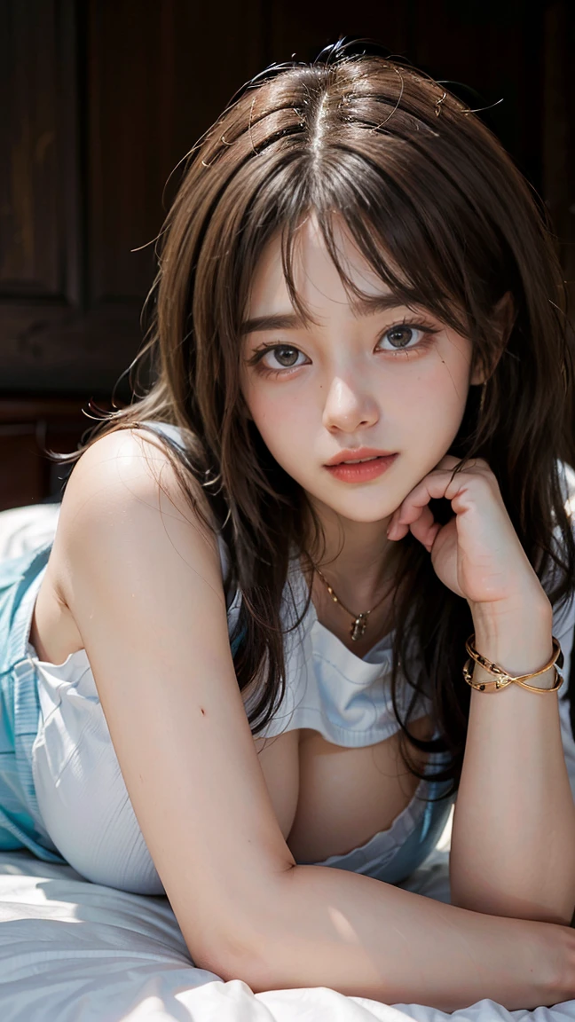 (Masterpiece, BestQuality:1.3), (ultra detailed:1.2), (hyperrealistic:1.3), (RAW photo:1.2),High detail RAW color photo, professional photograph, (Photorealistic:1.4), (realistic:1.4), ,professional lighting, (japanese), beautiful face, (realistic face), cute woman, (Brown Hair, Big Breasts:1.5), (cheerful Smile:1.35), Trending Hair&Trending Hairカラーをランダムに, earrings, necklace, bracelet, sexly, erotic sexly, (A beautiful woman wearing a shirt over her bare skin、On the bed、A mischievous wink、Shortcuts、Lying pose。:1.4), Beautiful location, (Detailed Background))