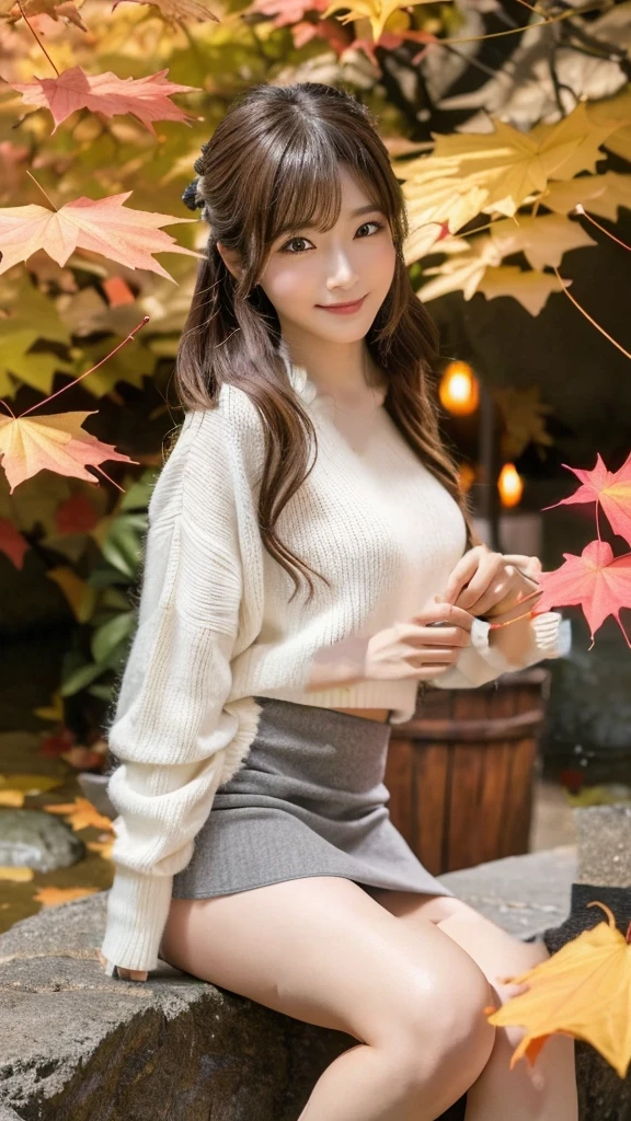 Fluffy white sweater and black mini skirt
