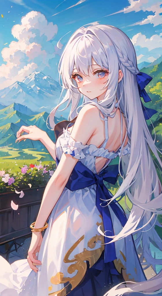 ((Rolling mountains)),Sunlight,railway,train,cloud,Flower petals flutter,Beautiful white-haired girl