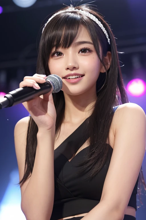 (masterpiece:1.3), High resolution, Super detailed, Highly detailed CG Unity 8k wallpaper, Realistic, photo-Realistic, RAW Photos, Beautifully detailed face, Pale skin, Realistic glistening skin, Detailed cloth texture, Detailed hair texture, Perfect body, Beautiful Face, Accurate, Anatomically correct, Highly detailed face and skin texture, Natural neck length, (Beautiful Hands), (Fair skin:1.1), (Good teeth alignment:1.1), (Sweaty skin:1.2), BREAK, Fine grain, Symmetrical eyes, Light brown eyes, double eyelid, Thin eyebrows, (Glossy Lips:1.4), ((A face waiting for a kiss:1.2)), (blush:1.1), (Sparkly little hair accessories:1.1), (Beautiful smile:1.1), (Holding a microphone:1.3), BREAK, (An elegant and cute 15-year-old junior idol:1.3),, baby face, BREAK, small breast, Slim figure, Toned Abs, ((Half Up, Black Hair, bangs:1.2)), (Cowboy Shot:1.2), (View your viewers), Cowboy Shot, From above, BREAK, (Singing on stage:1.3),Harajuku、20 years girl、Cute、Sexy shot looking at camera
