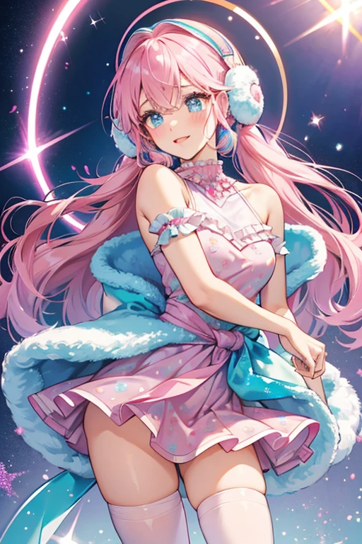 Her hair is covered in glitter, along with her now dark blue eyes. Her blush is more pink in color, and on her head is a glittery pair of light pink furry earmuffs. She wears a metallic pale blue one-piece covered in dot print with a glittery, light pink ruffled trim and shoulder straps. Around her waist is ruffled, glittery layered fabric alternating between light pink and magenta. She also wears white tights with light pink dot print and glittery turquoise ice skates. SPARKLE; GLITTER