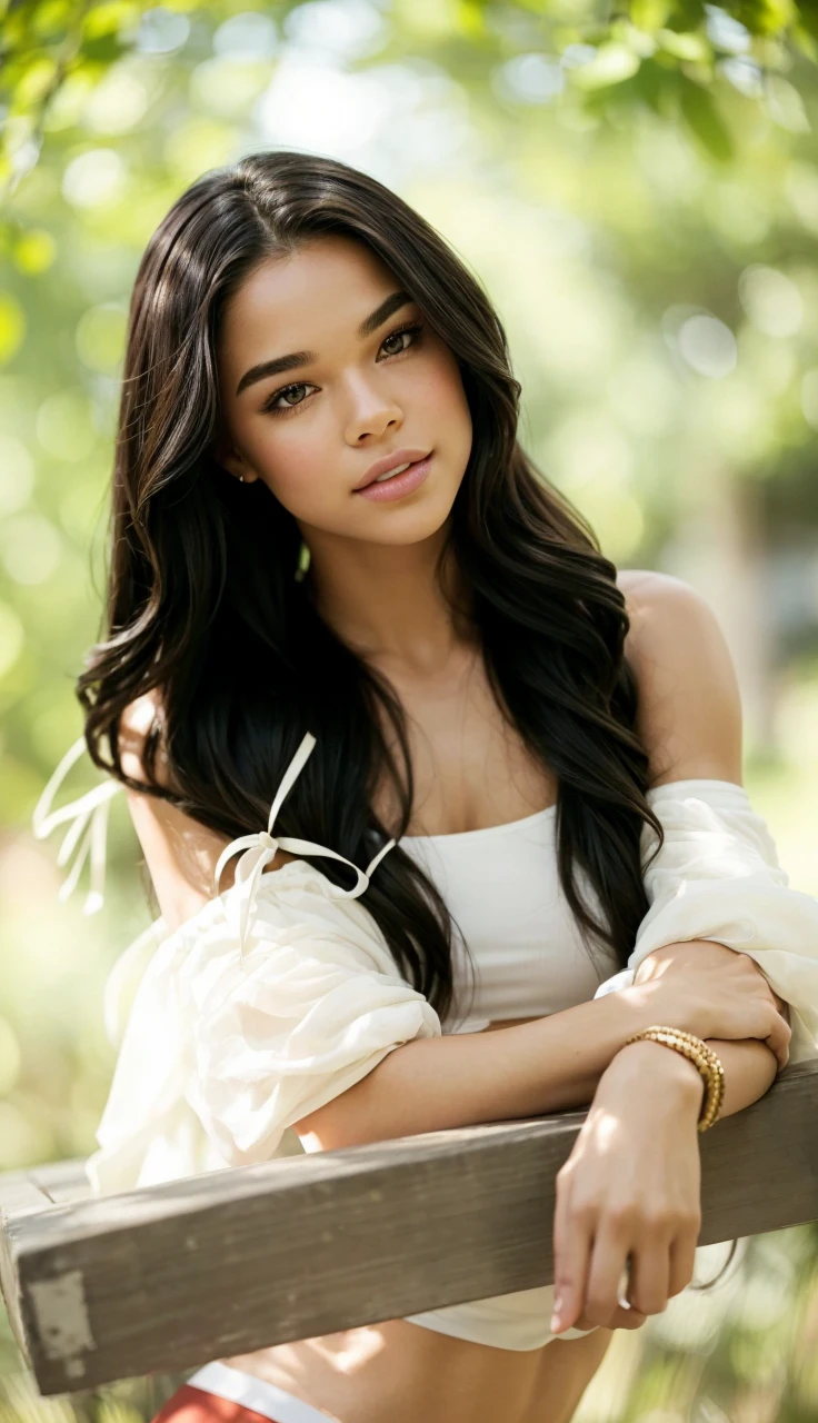 (high quality, realistic:1.2), portrait, beautiful flowing hair, beautiful Hailee Steinfeld, 30 year old, (Muscular:1.3), (athletic body:1.2), (Muscular body:1.5), tanned skin, she's a men magazine model, she flirts with the camera, detailed eyes, luscious lips, sensual gaze, perfect fit body, perfect eyes, perfect hands, perfect hair, hair behind ear, (she wears tight shorts and a sexy crop top:1.2), sexy poses in the gym:1.5), luxurious texture, shimmering highlights, soft shadows, subtle smile, impeccable makeup, perfect skin tone, mesmerizing presence, extraordinary attention to detail, immaculate shading, flawless complexion, expressive eyebrows, long eyelashes, graceful pose, stylish and confident demeanor, striking contrast between the outfit and hair, professional photography, rich color palette, subdued lighting, subtle bokeh effects, glowing complexion, meticulously crafted features, exquisite realism, artistic sophistication, looking over her shoulder, rear view, camera from behind, .......................................