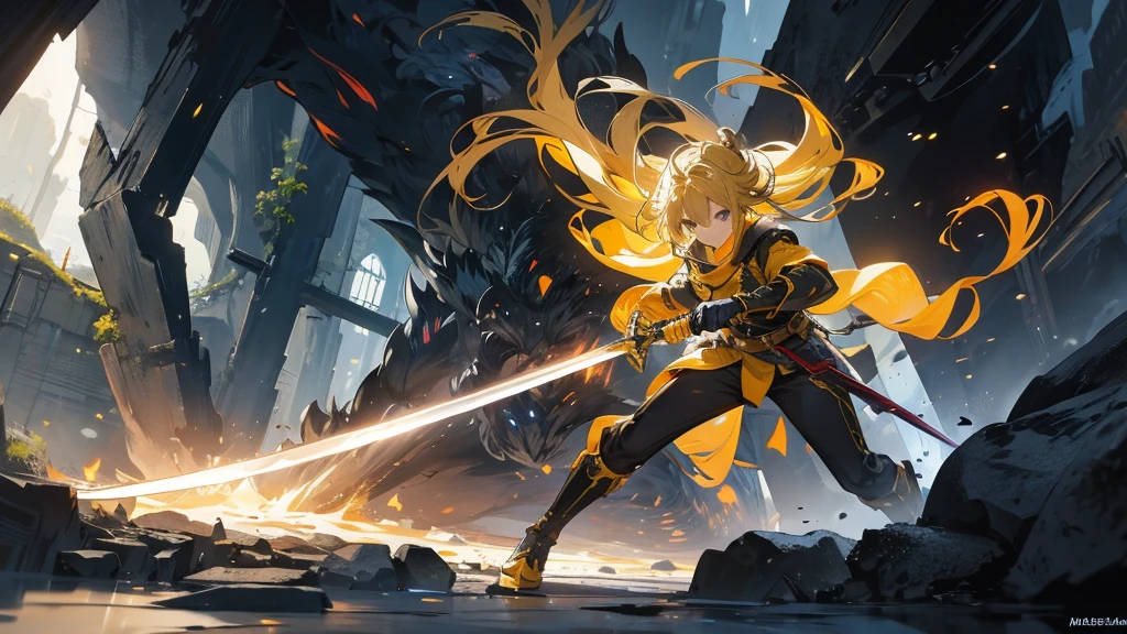 At the deepest part of the cave, a yellow-haired female swordsman with a long sword is fighting a monster.