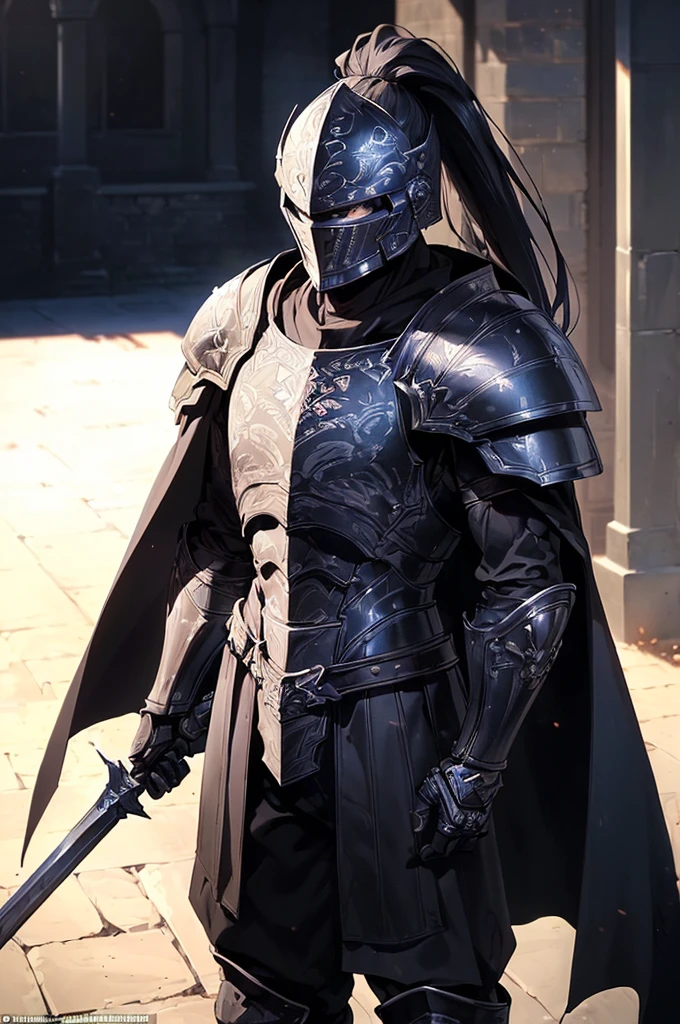 (masterpiece; best quality: 1.2), ((full armored knight man)), ((solo)), (black eyes: 1.4), (body; toned, lean, masculine: 1.3), (beautiful and clear background: 1.2), ((depth of field)), (equipment: full plate all-dark black-damascus realistic armor + closed helmet with ponytail + black cape: 1.3), (anime illustration: 1.2), (background composition; garden exterior + furniture: 1.1), (extremely fine and handsome: 1.1), (shot composition; standing + centered on torso + close-up: 1.5)