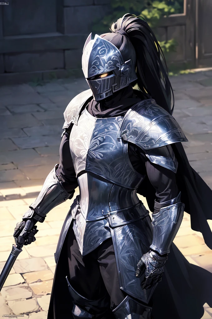 (masterpiece; best quality: 1.2), ((full armored knight man)), ((solo)), (black eyes: 1.4), (body; toned, lean, masculine: 1.3), (beautiful and clear background: 1.2), ((depth of field)), (equipment: full plate all-dark black-damascus realistic armor + closed helmet with ponytail + black cape: 1.3), (anime illustration: 1.2), (background composition; garden exterior + furniture: 1.1), (extremely fine and handsome: 1.1), (shot composition; standing + centered on torso + close-up: 1.5)