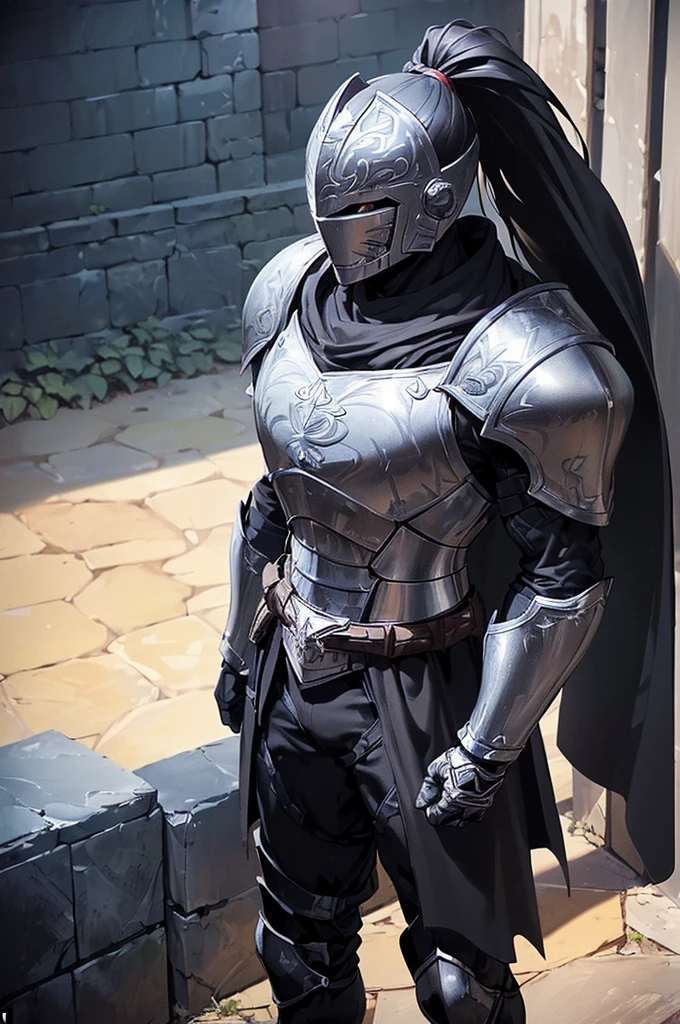 (masterpiece; best quality: 1.2), ((full armored knight man)), ((solo)), (black eyes: 1.4), (body; toned, lean, masculine: 1.3), (beautiful and clear background: 1.2), ((depth of field)), (equipment: full plate all-dark black-damascus realistic armor + closed helmet with ponytail + black cape: 1.3), (anime illustration: 1.2), (background composition; garden exterior + furniture: 1.1), (extremely fine and handsome: 1.1), (shot composition; standing + centered on torso + close-up: 1.5)