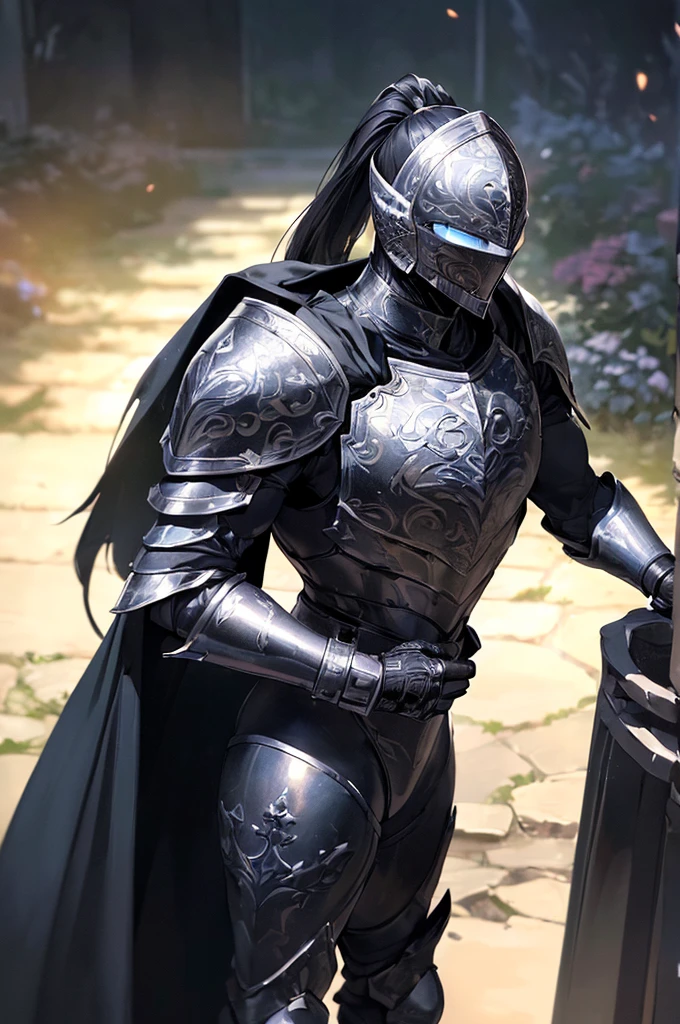 (masterpiece; best quality: 1.2), ((full armored knight man)), ((solo)), (black eyes: 1.4), (body; toned, lean, masculine: 1.3), (beautiful and clear background: 1.2), ((depth of field)), (equipment: full plate all-dark black-damascus realistic armor + closed helmet with ponytail + black cape: 1.3), (anime illustration: 1.2), (background composition; garden exterior + furniture: 1.1), (extremely fine and handsome: 1.1), (shot composition; standing + centered on torso + close-up: 1.5)