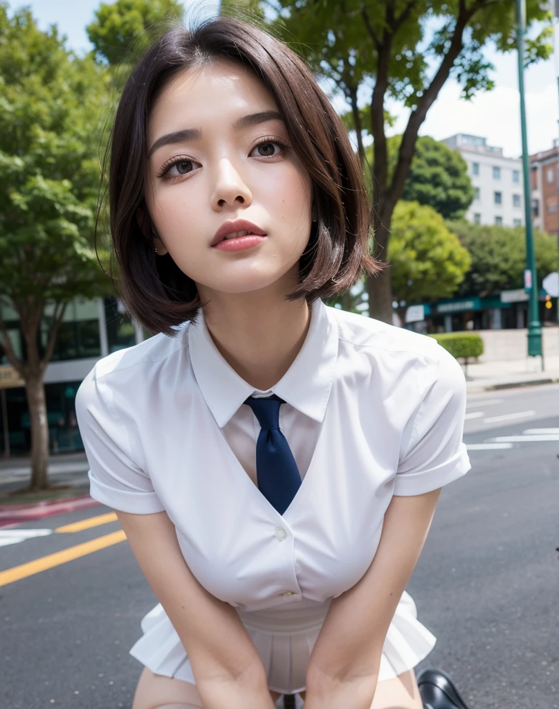 (Highest quality, 8K, masterpiece:1.3)), concentrated:1.2, Perfect Body Beauty:1.4, Hips:1.2, ((Layered Haircut, chest:1.2)), (Sunny park street:1.3), Bandeau dress: 1.1, Highly detailed face and skin texture, Beautiful Eyes, double eyelid, White skin, Long Hair, (shut up: 1.3),Checked mini skirt,Navy blue knee socks,White slim shirt,Kneeling and looking up from below,スレンダーボディー,