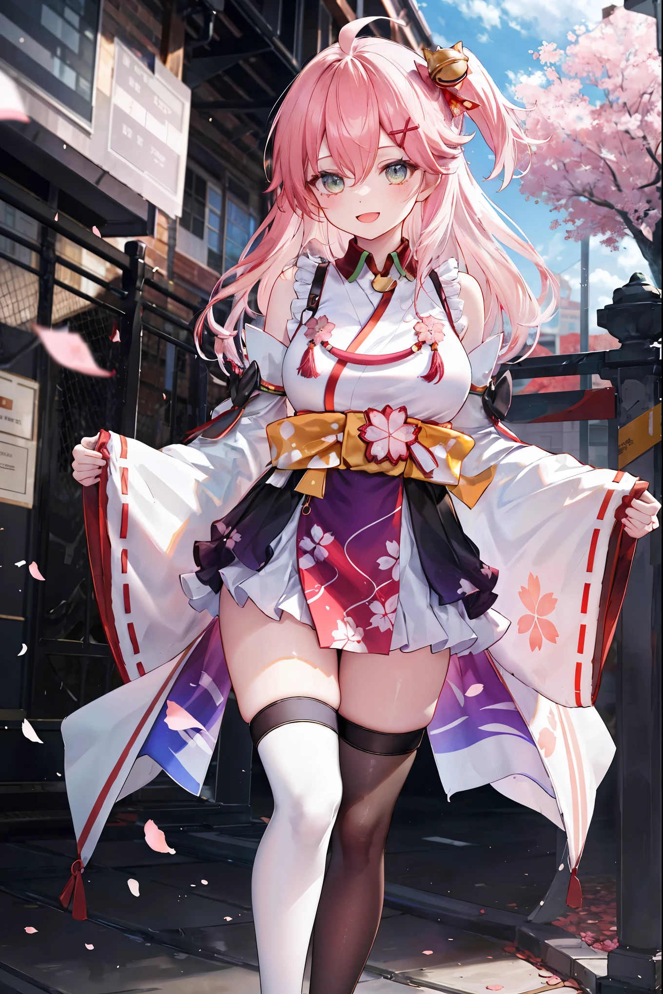masterpiece, best quality, highres, miko1, sakura_miko, 1girl, big_boobs, solo, ahoge, x_hair_ornament, pink_hair, floral print, hairclip,(side_less_clothes:1.5), (side_boobs:1.5), hair_bell, floral print, long_hair, hair between eyes, one side up, white thighhighs, asymmetrical legwear, wide sleeves, open_mouth,(happy:1.3),gleen_eyes,big_smile,(rise_leg:1.3),plump,apart_legs,(overly_long_sleeves:1.3),),sleeves_past_wrists,hands_hidden_sleeves,sidelock_clothes,dynamic_posing,solo,hidden_wrists,(XD:1.4),covered_nipples,sunlight,cherryblossom_background,